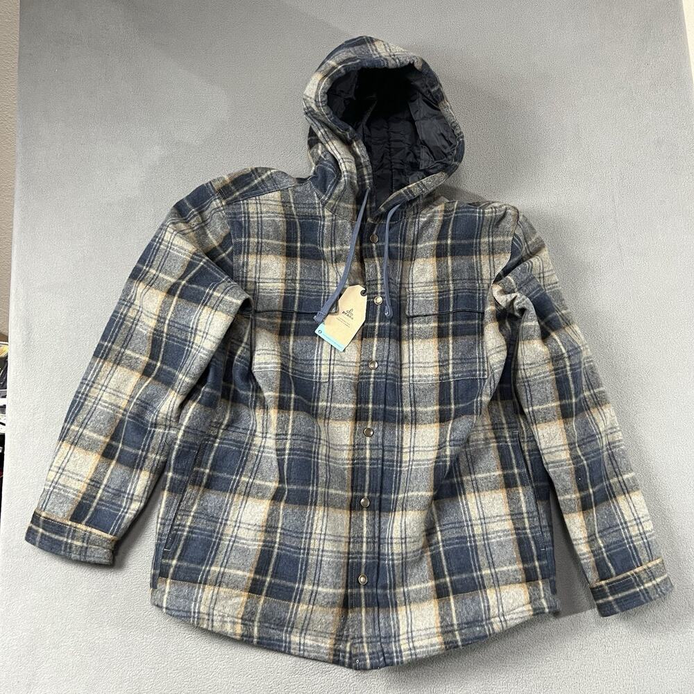 Prana Jacket Mens 2XL Blue Hooded Flannel Plaid Wool Quilted Lined Button Snap